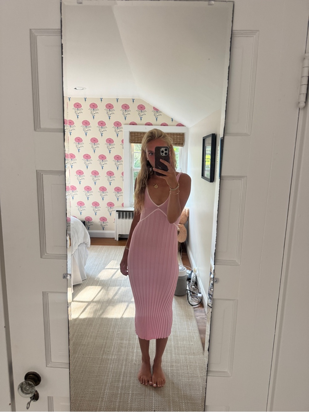 Solid and striped pink ribbed maxi dress